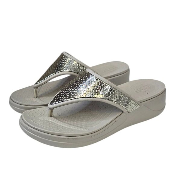 CROCS Womens Monterey Metallic Mini Wedge Flip Flops, Thongs, Slip On, Size 11 - Picture 1 of 8